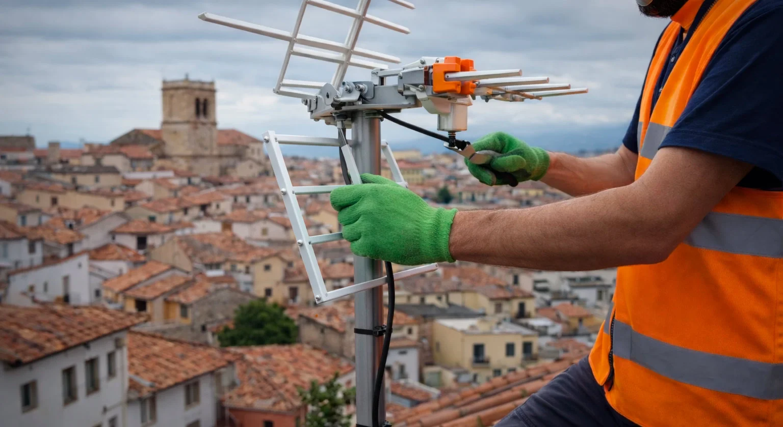 Técnico antenista realizando una instalación o reparación en Burriana
